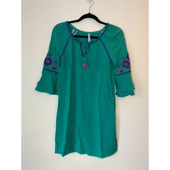 Southern Tide‎ women's XS green mini shift dress 3/4 sleeve embroidered tassel - Picture 1 of 6